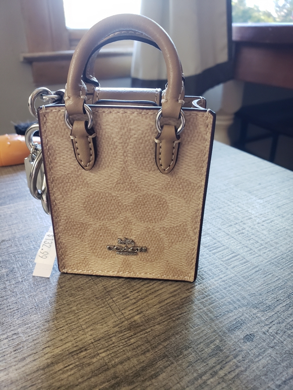 Authentic Coach Mini Signature Tote Bag Charm Keychain in Beige/Gold-NWT